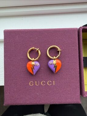 Gucci Gold Hoop Earrings with Red and Purple Heart Lightning Charms